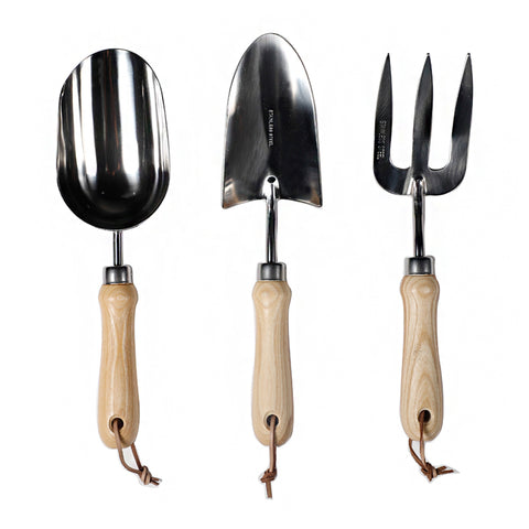 Mitsoku 3 Piece Garden Tool Set Extra Large Stainless Steel with Timber Handles Trowel Fork and Multitool