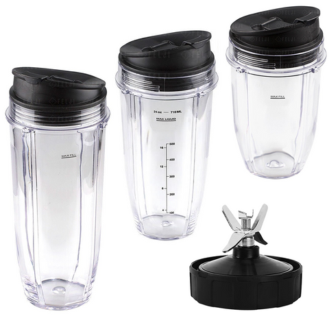 NUTRI NINJA 18 24 32 OZ CUPS WITH SIP AND SEAL LID AND EXTRACTOR BLADE REPLACEMENT COMBO FITS Nutri Ninja Blender Auto iQ BL450-70 BL451-70 BL454-70 BL455-70 BL482-70