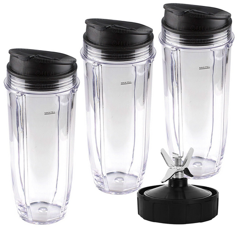3 NUTRI NINJA JUMBO MULTI-SERVE 32 OZ CUPS WITH SIP AND SEAL LIDS AND 1 EXTRACTOR BLADE REPLACEMENT COMBO FITS Nutri Ninja Blender Auto iQ BL450-70 BL451-70 BL454-70 BL455-70 BL482-70