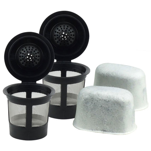 2 keurig reusable single k cup solo coffee filter pods and 2 charcoal water filter cartridges