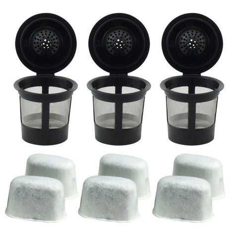 3 keurig reusable single k cup solo coffee filter pods and 6 charcoal water filter cartridges