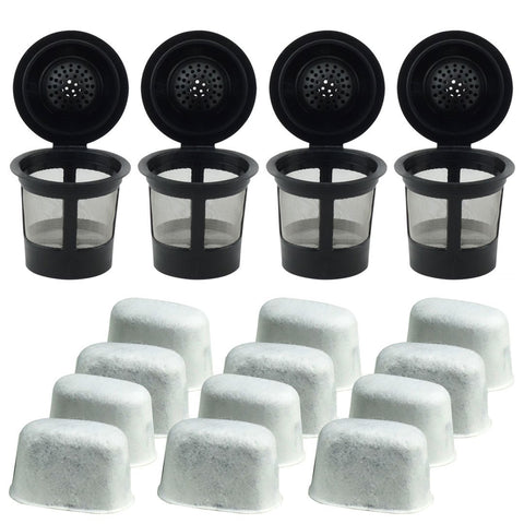 4 keurig reusable single k cup solo coffee filter pods and 12 charcoal water filter cartridges