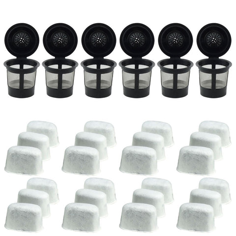6 keurig reusable single k cup solo coffee filter pods and 24 charcoal water filter cartridges